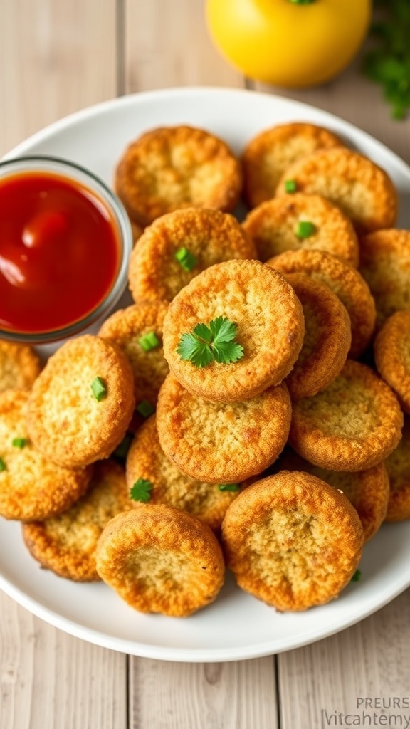 Crispy Baked Zucchini Rounds Recipe Crispy baked zucchini rounds on a plate with marinara sauce for dipping.